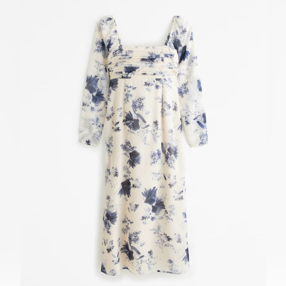 NWT Abercrombie & Fitch Emerson Chiffon Long-Sleeve Midi Dress in blue floral